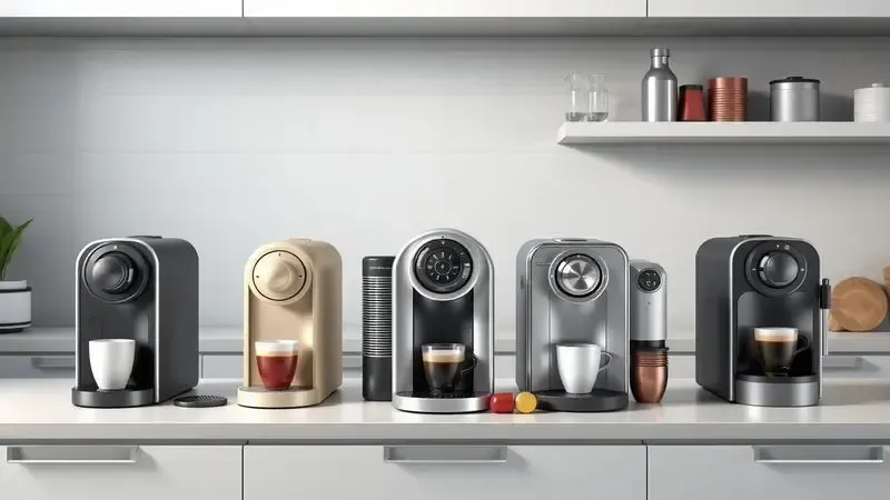 Cena conceitual ilustrada de diferentes tipos de cafeteiras de cápsulas organizadas artisticamente em bancada de cozinha
