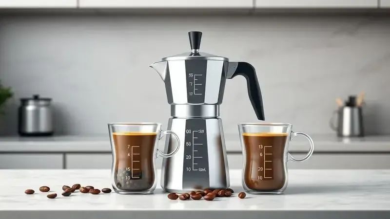 Representação visual da capacidade de 300ml de cafeteira italiana mostrando porções para 6 pessoas com indicadores de medida