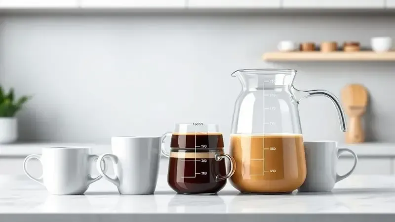 Renderização 3D artística mostrando xícaras de café de diferentes tamanhos ao lado de uma jarra transparente com indicações de volume