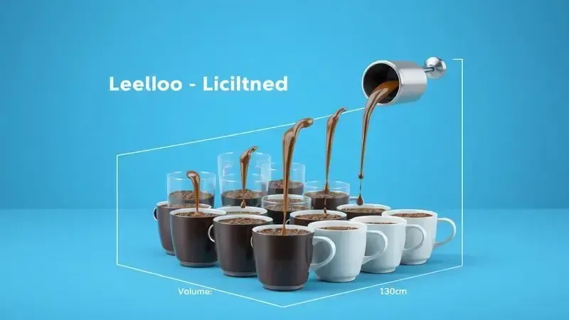 Conceito visual de capacidade de produção de cafeteira industrial com medição volumétrica em xícaras.