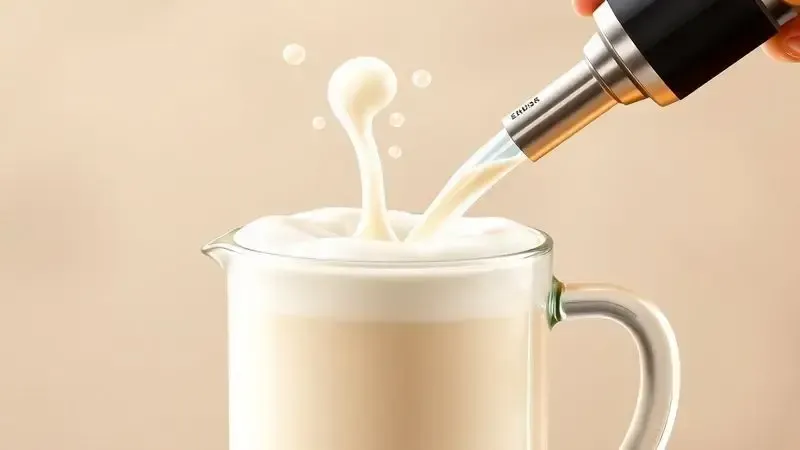 Ilustração conceitual de um bico criador de espuma de leite produzindo uma nuvem perfeita de microespuma.