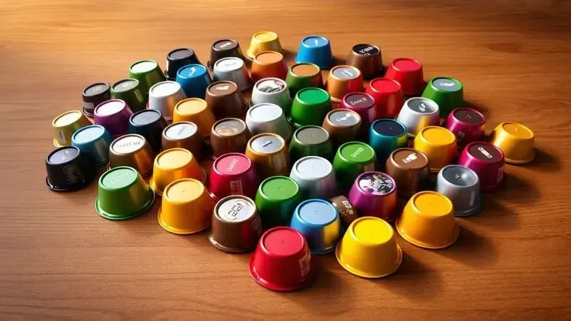 Arranjo artístico de cápsulas de café coloridas sobre superfície de madeira