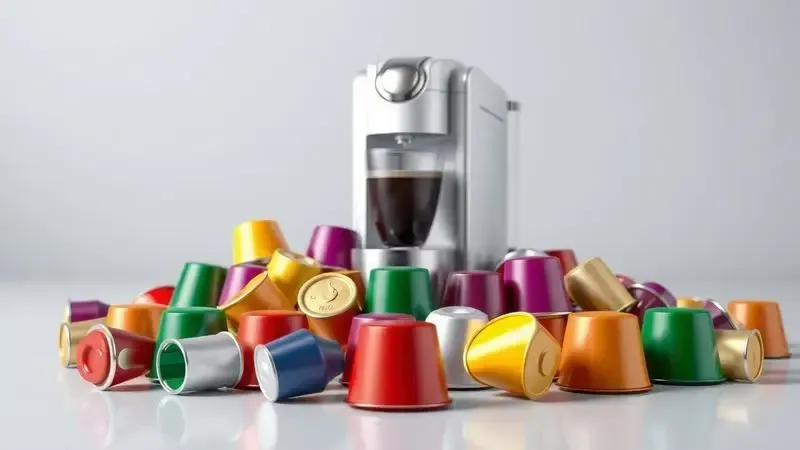 Ilustração conceitual de cápsulas de café coloridas organizadas com uma cafeteira de cápsulas ao fundo