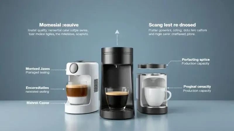 Ilustração conceitual em 3D comparando características de cafeteiras individuais como materiais, vedação e capacidade