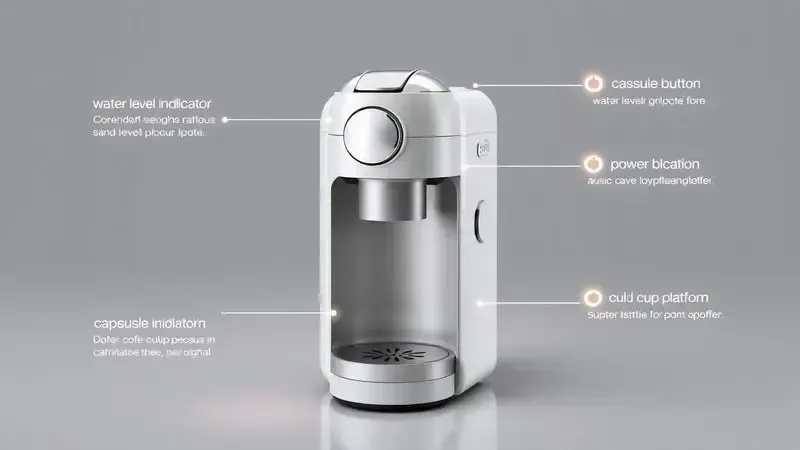 Renderização artística das principais características de uma máquina de café compacta