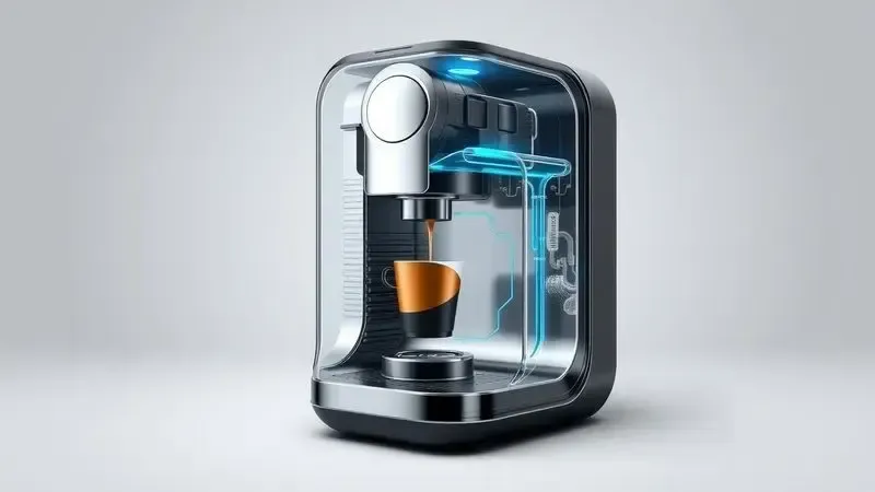 Diagrama ilustrativo em corte mostrando o funcionamento interno de uma máquina de café de cápsula.