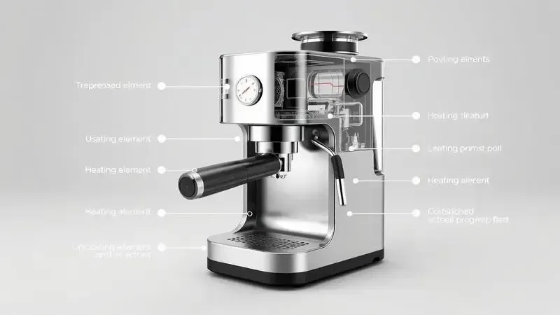 Ilustração técnica de cafeteira compacta com componentes internos destacados, como bomba e elemento de aquecimento.