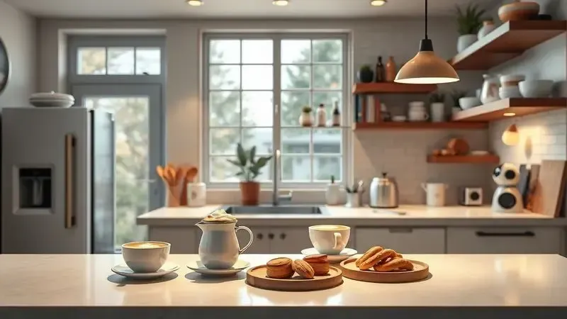 Ilustração conceitual de cozinha doméstica transformada em cafeteria gourmet com setup de café elegante.
