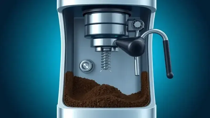 Ilustração conceitual do interior de uma máquina de café mostrando mecanismos internos e possíveis causas de travamento.