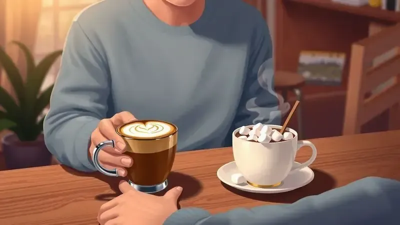 Cena conceitual de pessoa desfrutando de cappuccino e chocolate quente em ambiente acolhedor em casa