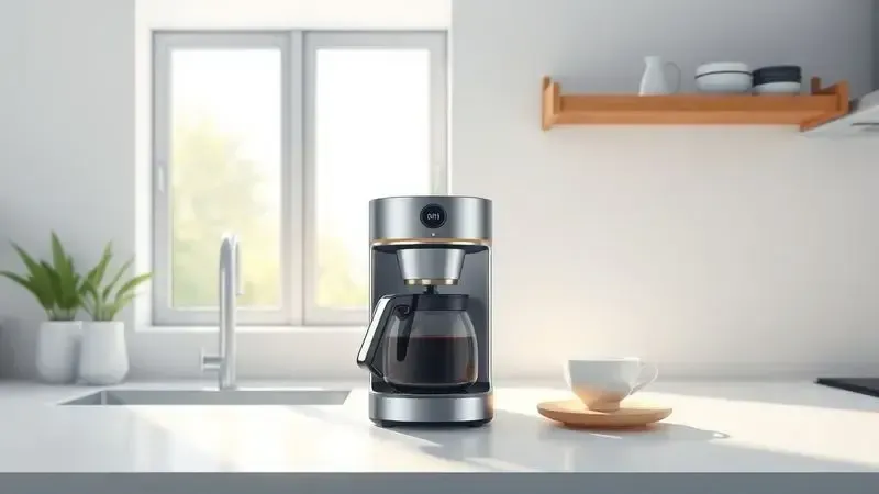 Cena conceitual de cozinha moderna com cafeteira em uso durante rotina matinal com iluminação suave