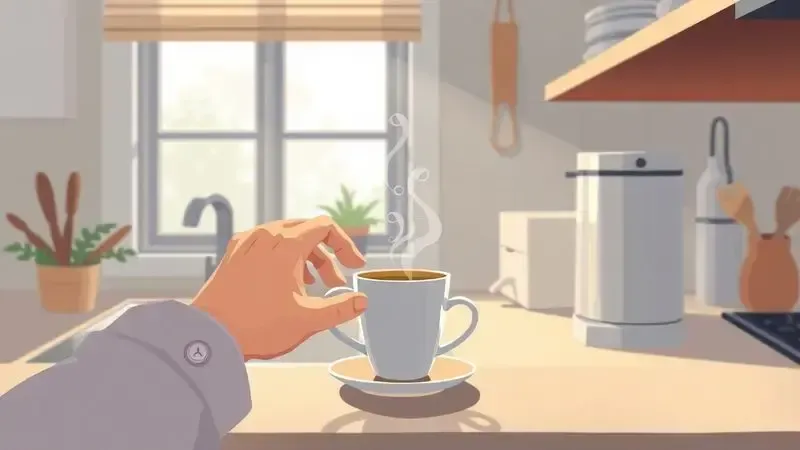 Ilustração conceitual de uma cena matinal aconchegante, com mão pegando uma xícara de café fumegante na cozinha.