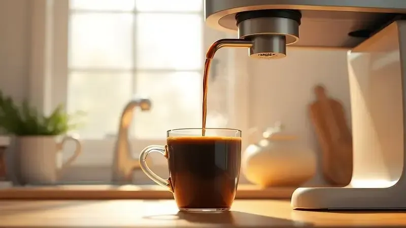 Cena matinal aconchegante com café fresco sendo servido em uma xícara em uma cozinha iluminada.
