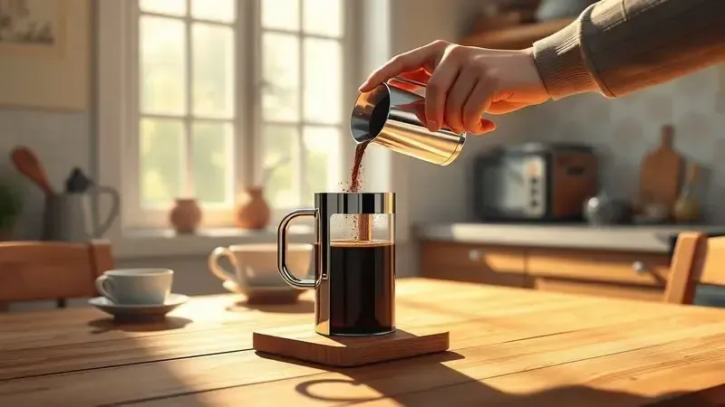 Cena matinal realista de pessoa preparando café recém-moído em casa com cafeteira francesa