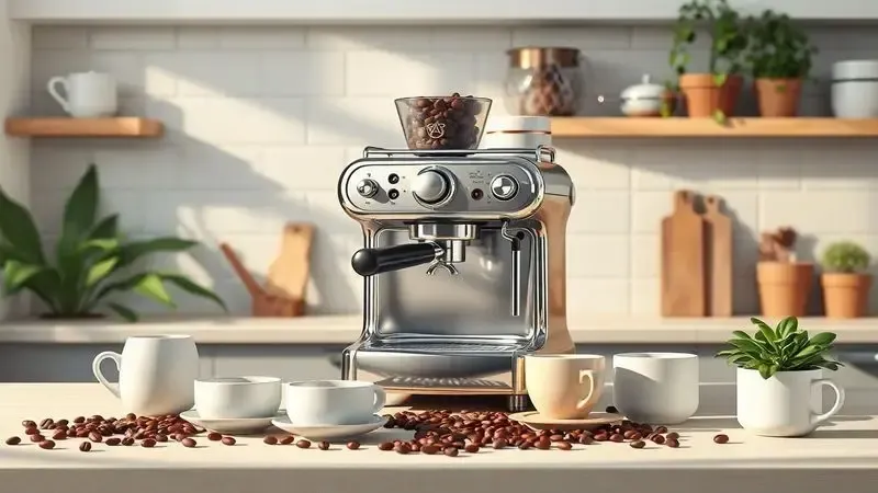 Cena conceitual de cozinha estilosa com máquina de café retro como ponto central e acessórios para coffee lovers.