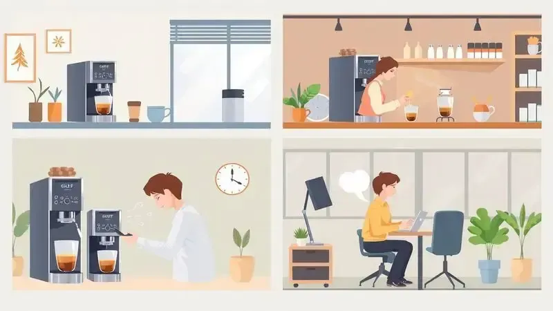 Cena conceitual mostrando uso de cafeteiras em ambientes domésticos e corporativos diferentes