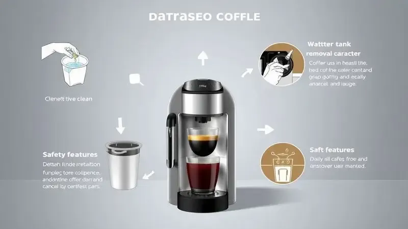 Ilustração digital do ciclo de limpeza e manutenção de cafeteira de cápsulas