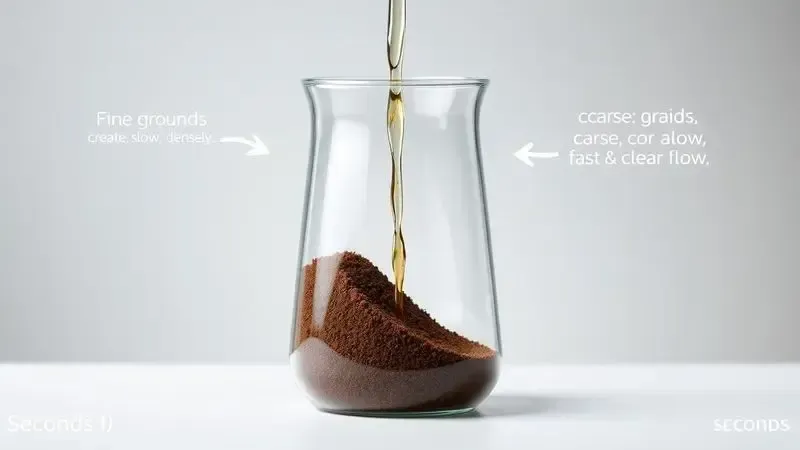 Ilustração científica mostrando a relação entre o tamanho da moagem, área de superfície e tempo de contato na extração do café