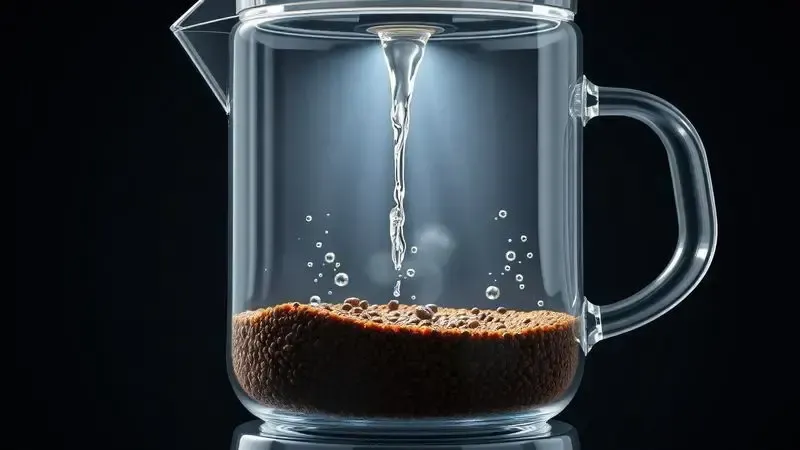 Render 3D realista mostrando o processo interno de uma cafeteira em corte transversal.