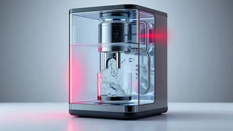 Visualização interna de cafeteira mostrando circuitos de água com bolhas de ar causando erro