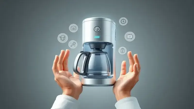 Ilustração conceitual do processo de escolha de uma cafeteira, mostrando diagrama interno e fatores de decisão.
