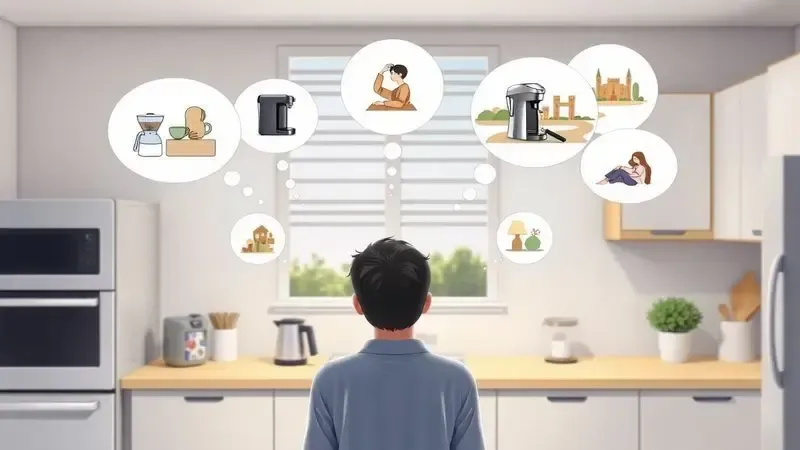 Conceito visual de pessoa escolhendo cafeteira ideal para seu estilo de vida em ambiente doméstico moderno