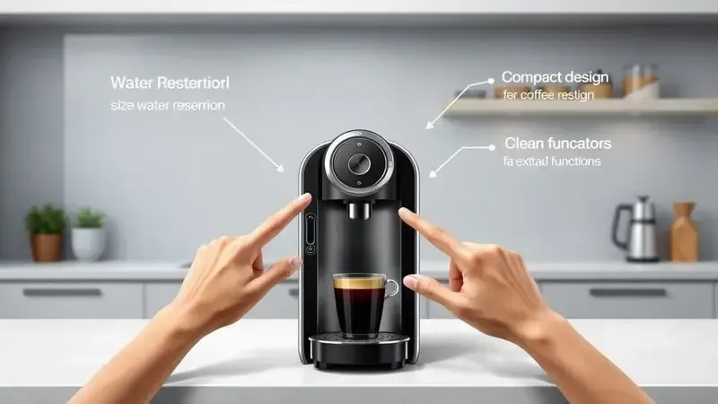 Ilustração conceitual mostrando características importantes de cafeteiras de cápsulas para ajudar na escolha