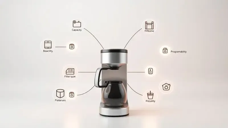 Render 3D conceitual de fluxograma ou mapa mental para escolher cafeteira, com ícones de recursos como capacidade, filtro e programação.