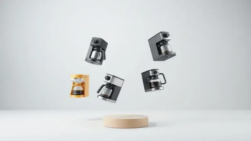 Ilustração conceitual do processo de escolha da cafeteira ideal considerando diferentes características