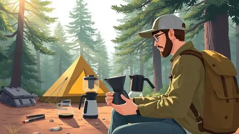 Viajante avaliando diferentes opções de cafeteiras portáteis em acampamento ao ar livre