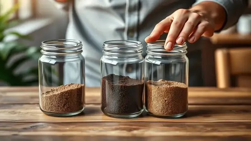 Ilustração conceitual de mãos comparando diferentes tipos de café em pó em potes de vidro sobre mesa de madeira.