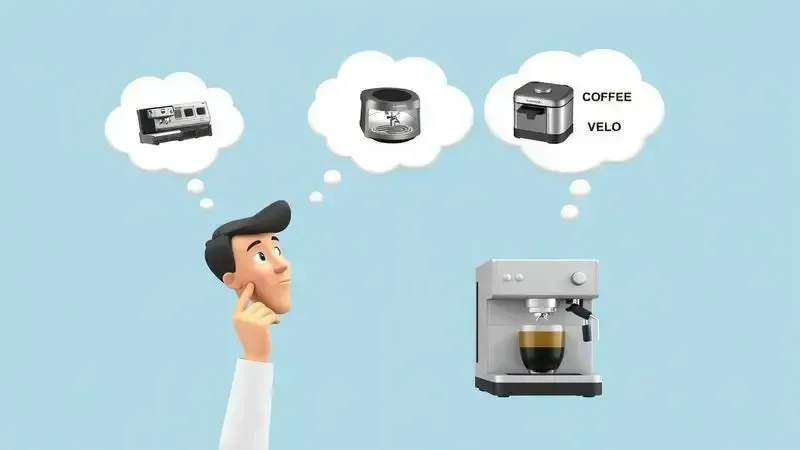 Ilustração conceitual de pessoa escolhendo cafeteira expresso considerando diferentes características.