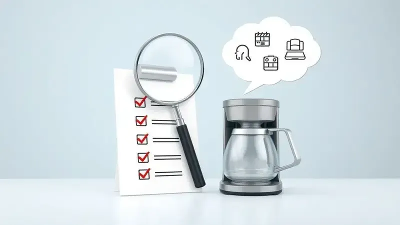 Conceito de avaliação e seleção de produtos com lupa e lista de critérios.
