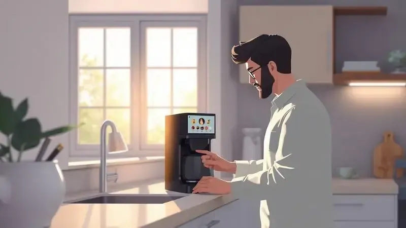 Ilustração conceitual de pessoa escolhendo cafeteira programável em cozinha moderna com luz matinal aconchegante.
