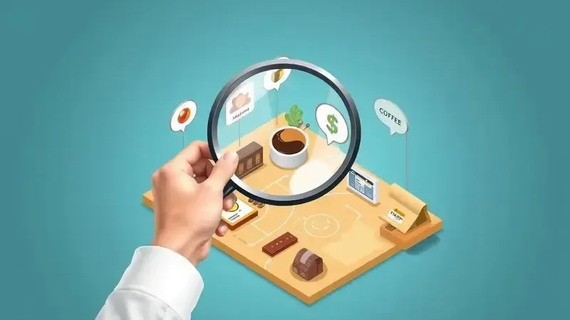 Ilustração conceitual de uma pessoa analisando critérios de escolha como tipo de café, orçamento e espaço.
