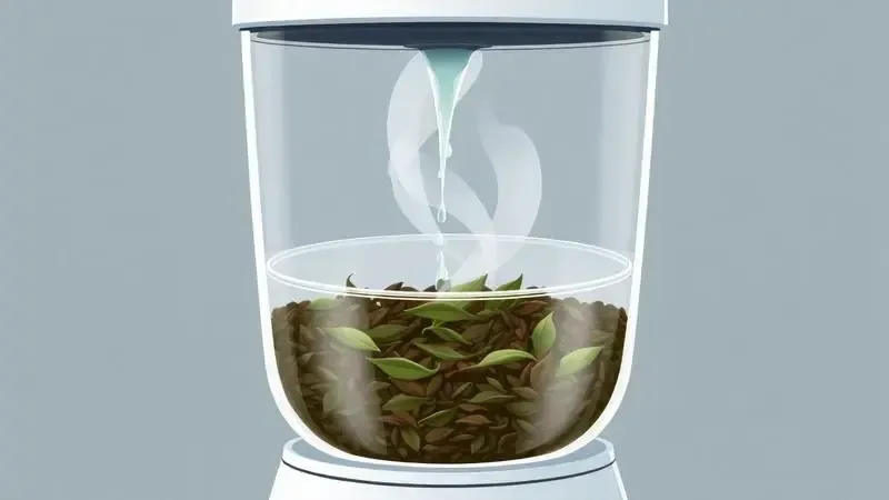 Ilustração conceitual mostrando o interior de uma cafeteira com água passando por folhas de chá soltas.