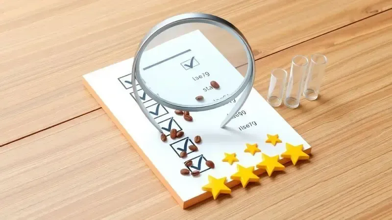 Ilustração conceitual de análise e revisão de produto, com lupa e itens de teste sobre mesa.