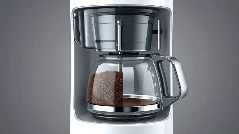 Ilustração conceitual em corte de uma cafeteira elétrica mostrando o mecanismo interno de preparo do café.