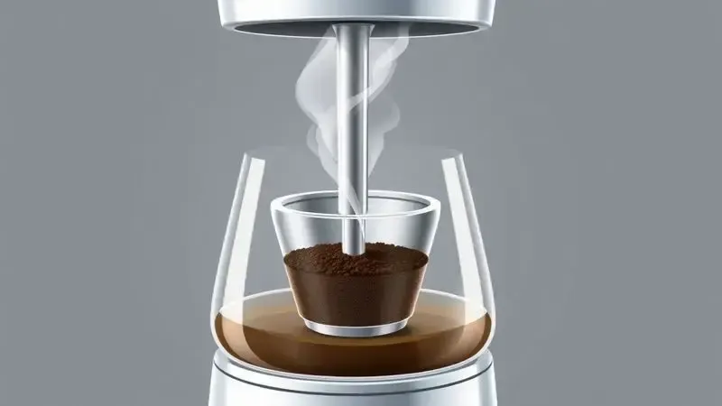 Ilustração digital em corte de uma cafeteira italiana, mostrando o caminho da água, o café e o vapor durante o preparo.