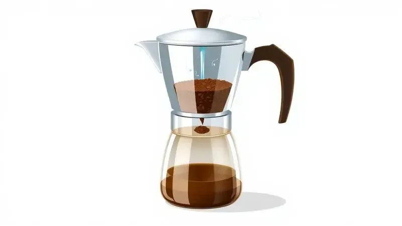 Diagrama ilustrativo do funcionamento interno de uma cafeteira italiana, mostrando o processo de infusão por pressão.
