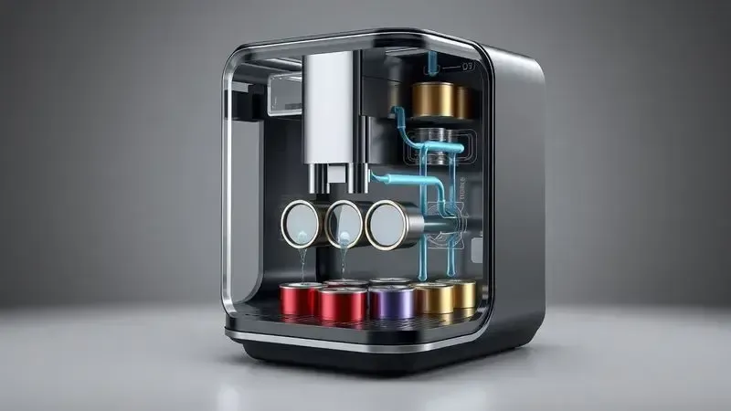 Diagrama 3D ilustrativo do mecanismo interno de uma cafeteira multicápsula, mostrando fluxo de água e compatibilidade.