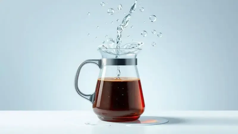 Cena ilustrativa conceitual representando o processo de limpeza e descalcificação de uma cafeteira elétrica.
