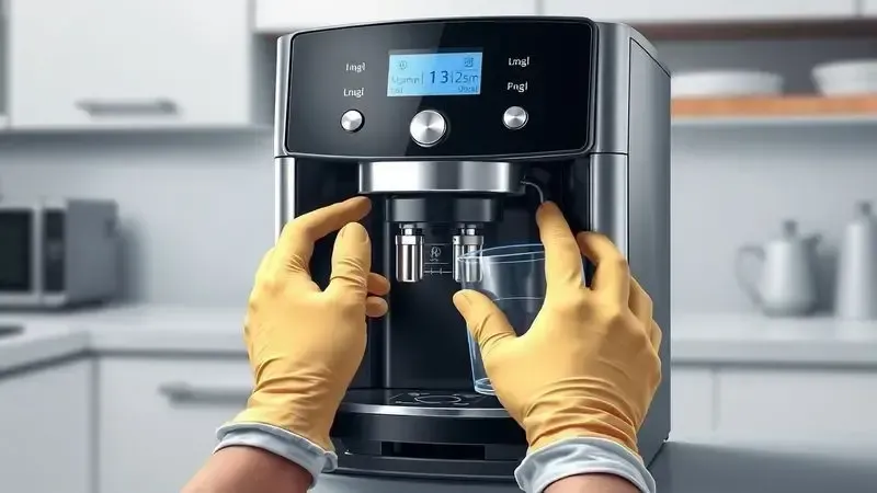 Ilustração realista de mãos realizando limpeza e manutenção em uma cafeteira multicápsula genérica.