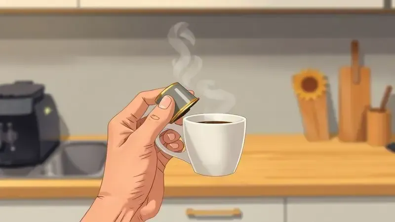 Ilustração conceitual mostrando como preparar café de cápsula manualmente usando apenas uma xícara simples