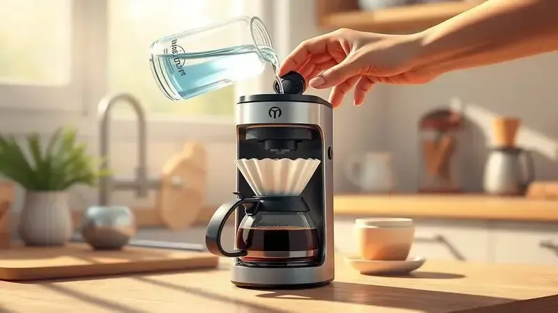 Ilustração conceitual demonstrando uso de cafeteira pequena com capacidade para duas xícaras em cozinha aconchegante.