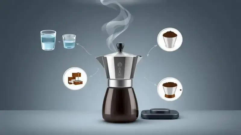 Ilustração conceitual dos passos para usar uma cafeteira italiana desde o preparo até a colocação no fogão