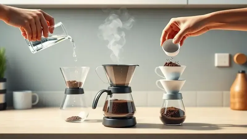Ilustração conceitual mostrando etapas do preparo de café perfeito com medidas e técnica adequadas, representação visual do processo.