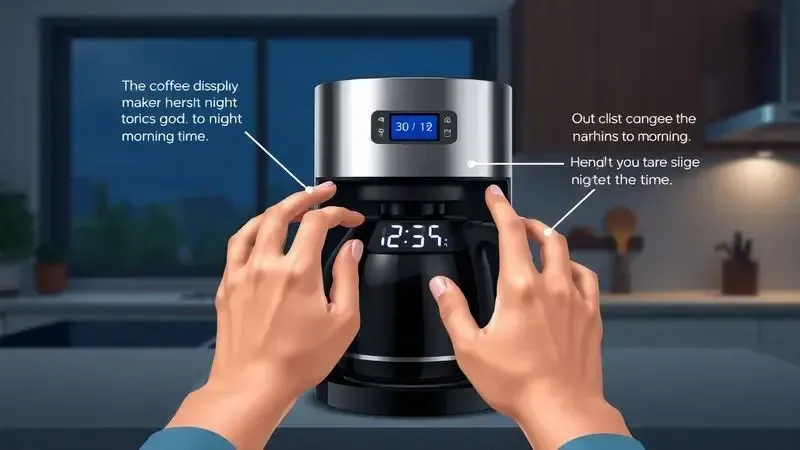 Mãos programando timer de cafeteira à noite para preparo automático pela manhã