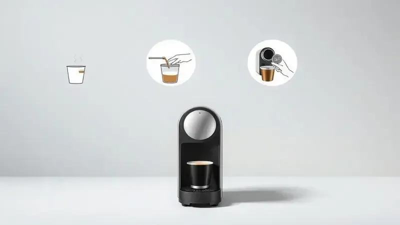 Ilustração conceitual abstrata do processo passo a passo para usar e limpar cafeteira de cápsulas corretamente