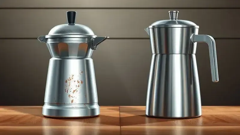 Comparação conceitual entre cafeteiras italianas de alumínio e aço inoxidável, destacando texturas e acabamentos.